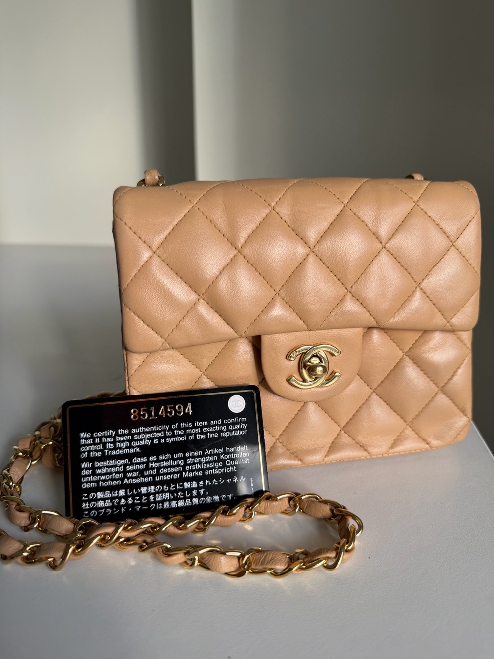 CHANEL Small Tan Quilted Lambskin Crossbody Bag with Gold Hardware